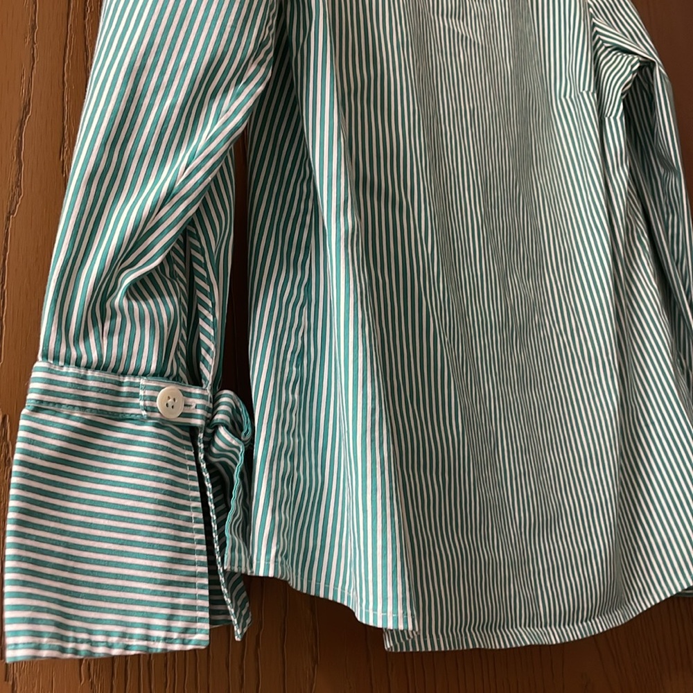 Talbots women’s long sleeve green & white striped blouse~ Large - Picture 2 of 10